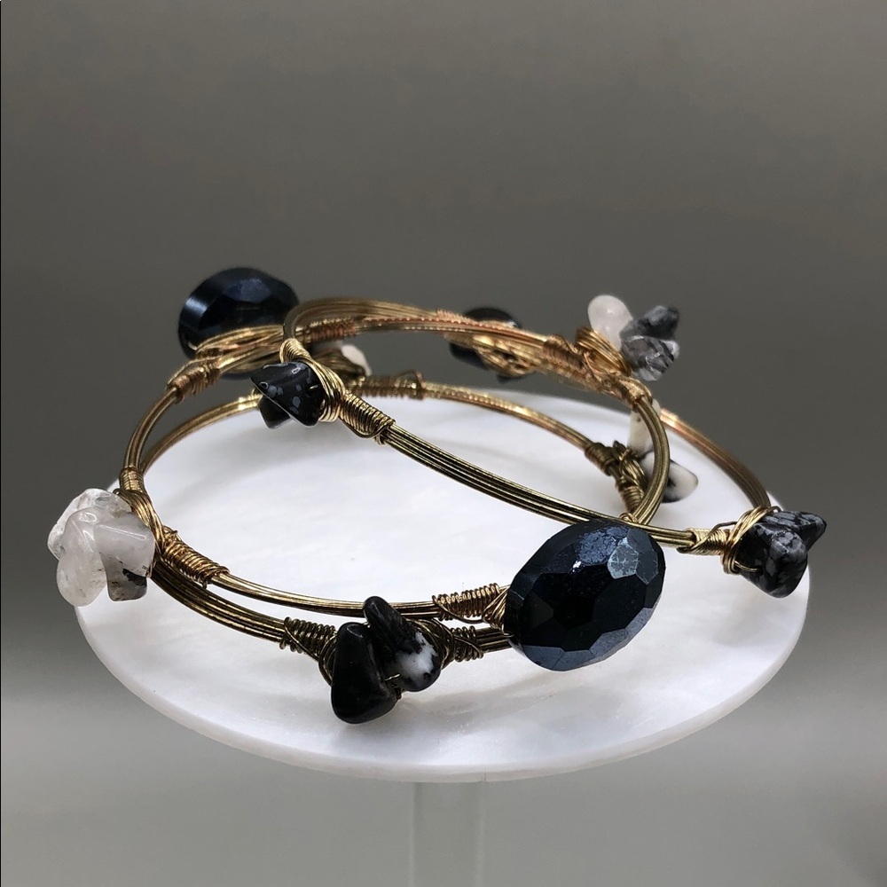 Bundle 3 wire stone and faceted glass bangle bracelets  boho layering stack.
